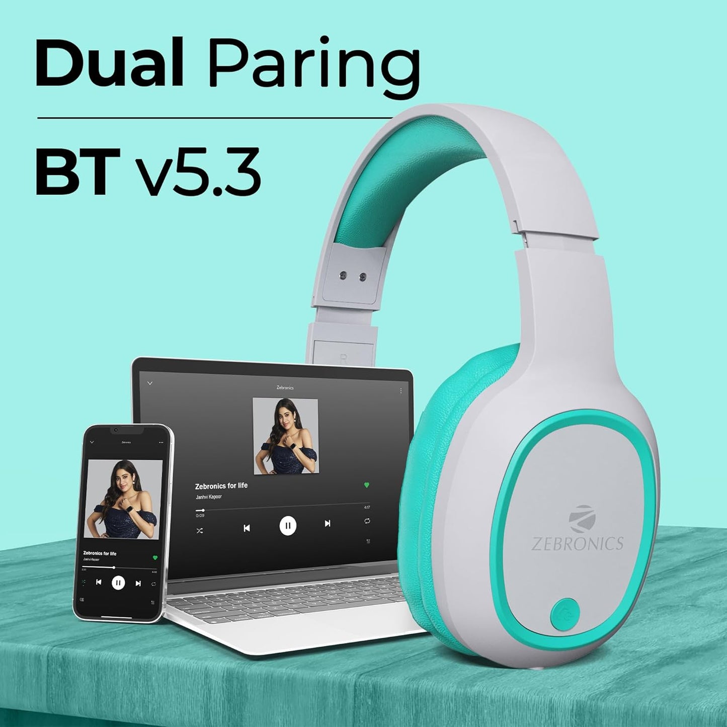 ZEBRONICS Thunder 60 hrs Playback time Bluetooth Wireless Headphone with FM, mSD, Playback with Mic (Sea Green)