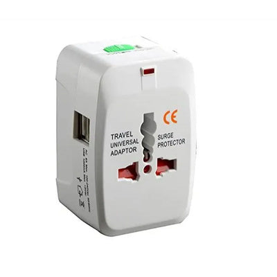Travel universal adapter with surge protector on a white background