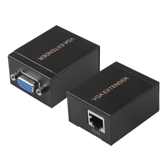 Two black VGA extenders on a white background